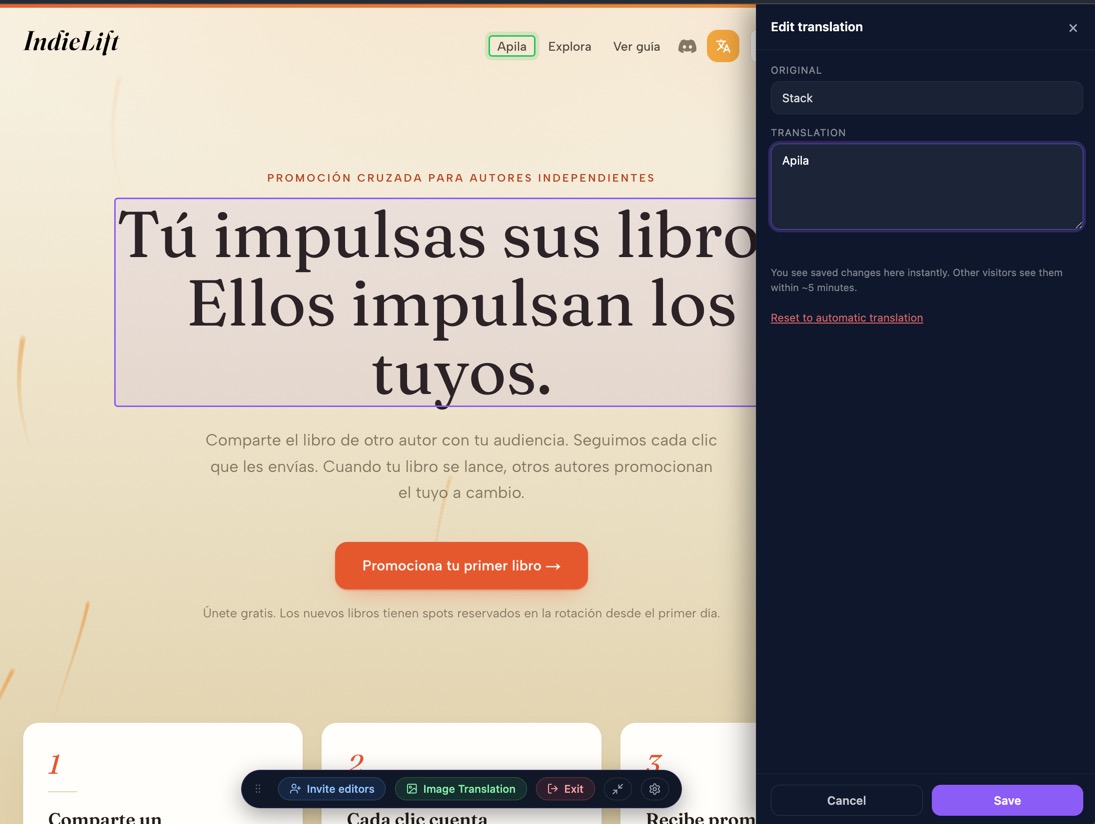 The editor sidebar showing the original English text and its Spanish translation being edited