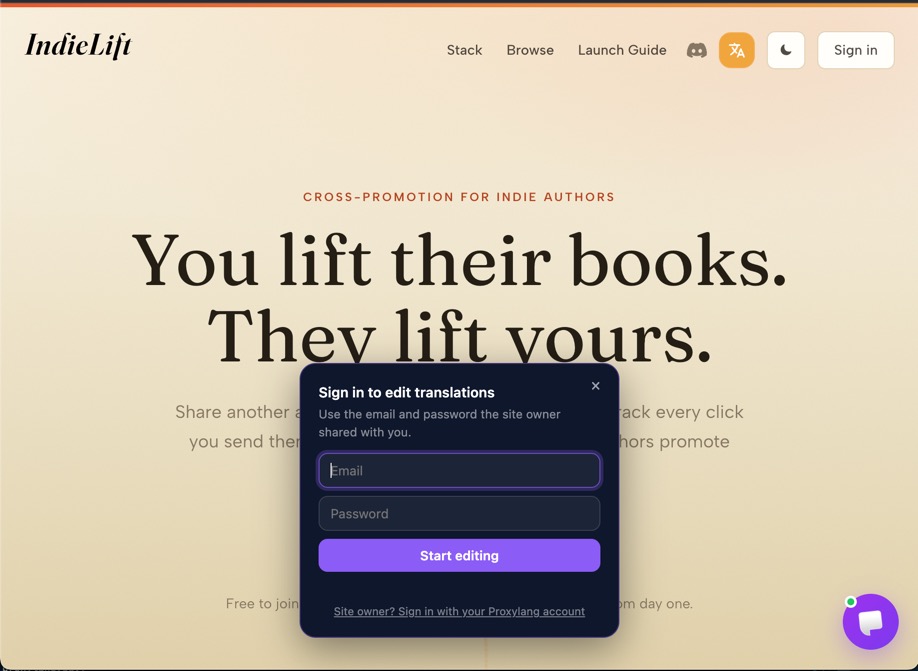 The "Sign in to edit translations" panel over the website